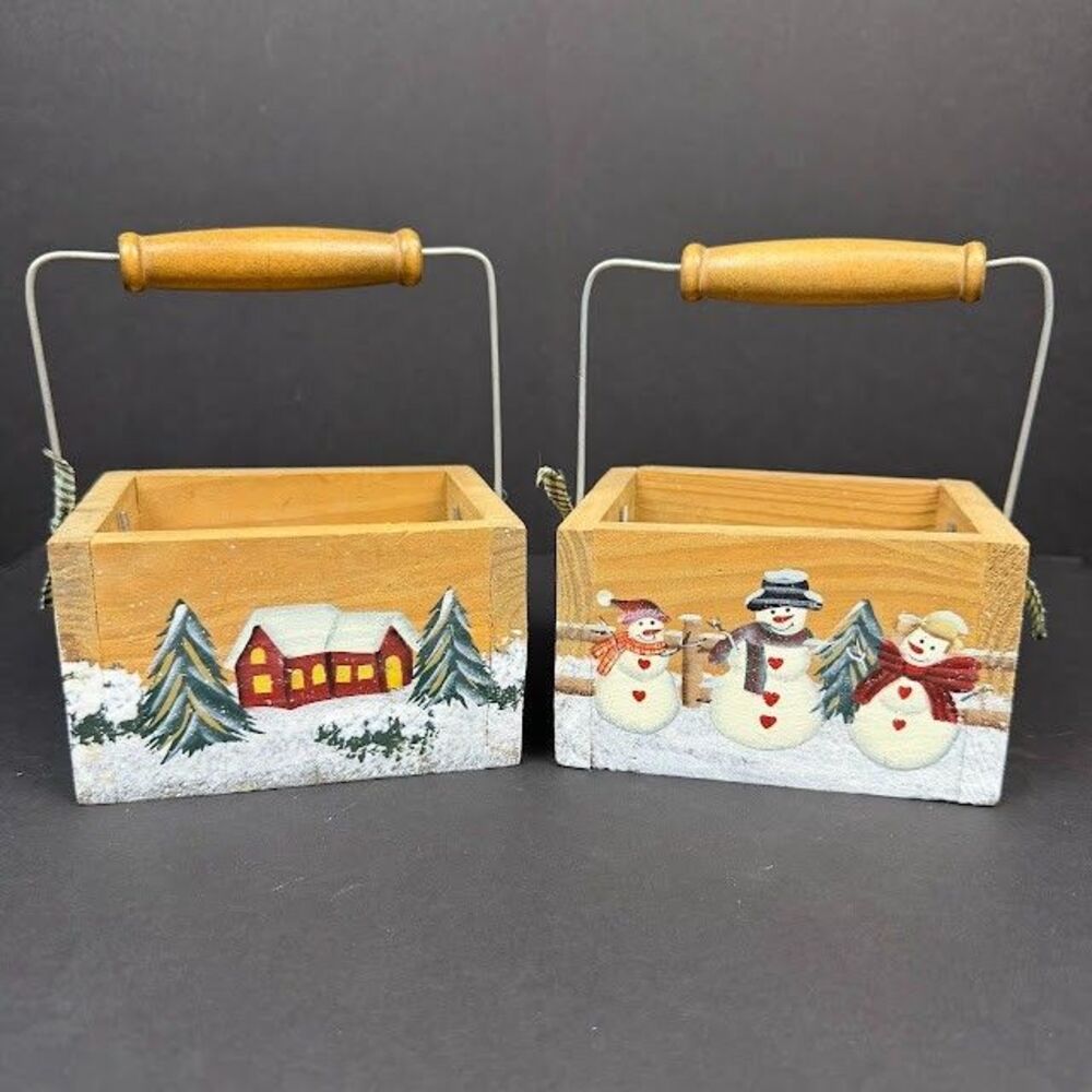 Set of 2 Vintage Snowman/Winter Cabin Painted Wooden Boxes with Handles